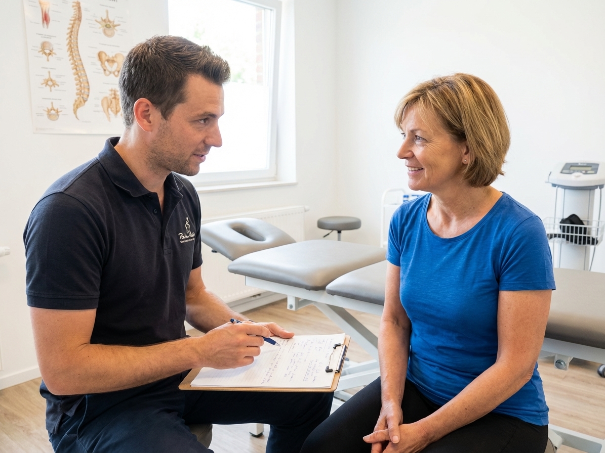 Patient working with a provider at a manual therapy physical therapy clinic in Mountain View during initial evaluation consultation