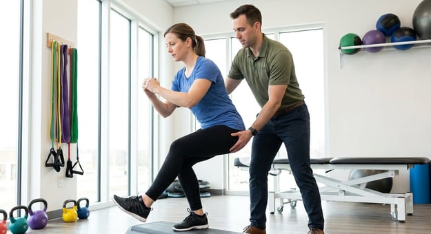 Patient working with a provider at a manual therapy physical therapy clinic in Mountain View, CA during a lower extremity rehabilitation session