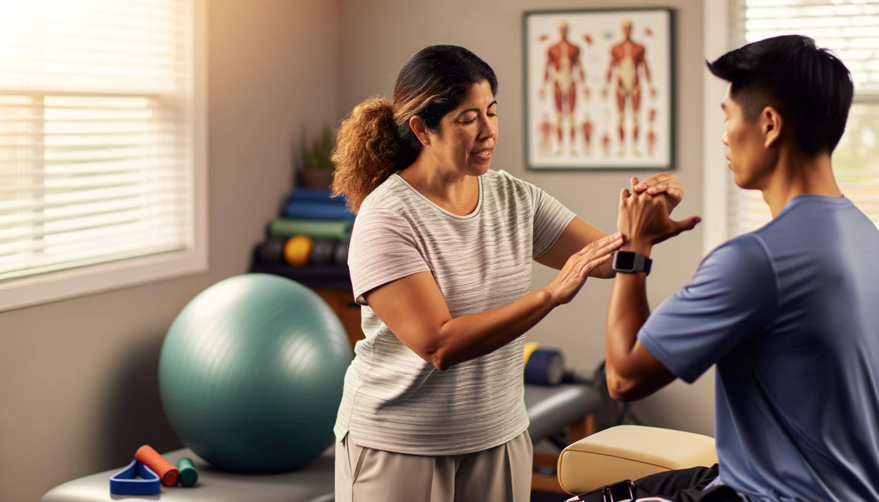 Detailed image of a rehabilitation coaching session showcasing personalized care. The scene features a Hispanic female physical therapist guiding an Asian male patient through specialized exercises. The therapist indicates the correct form using her hands. Relevant equipment such as therapy balls, resistance bands, and a physiotherapy bed are visible in the room. The ambience of the room communicates a warm, supportive environment, with educational posters on the walls and soft lighting. Their focused expressions and interaction are representative of the empathetic and dedicated nature of the rehabilitative process.