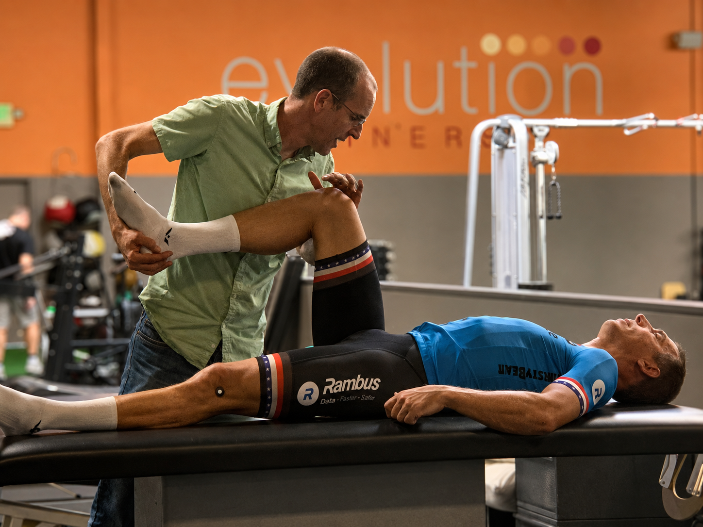 Patient working with a provider at a manual therapy clinic in Mountain View, CA during a functional movement assessment