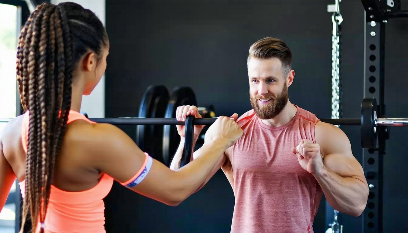 A fitness coach guiding a client through a safe an