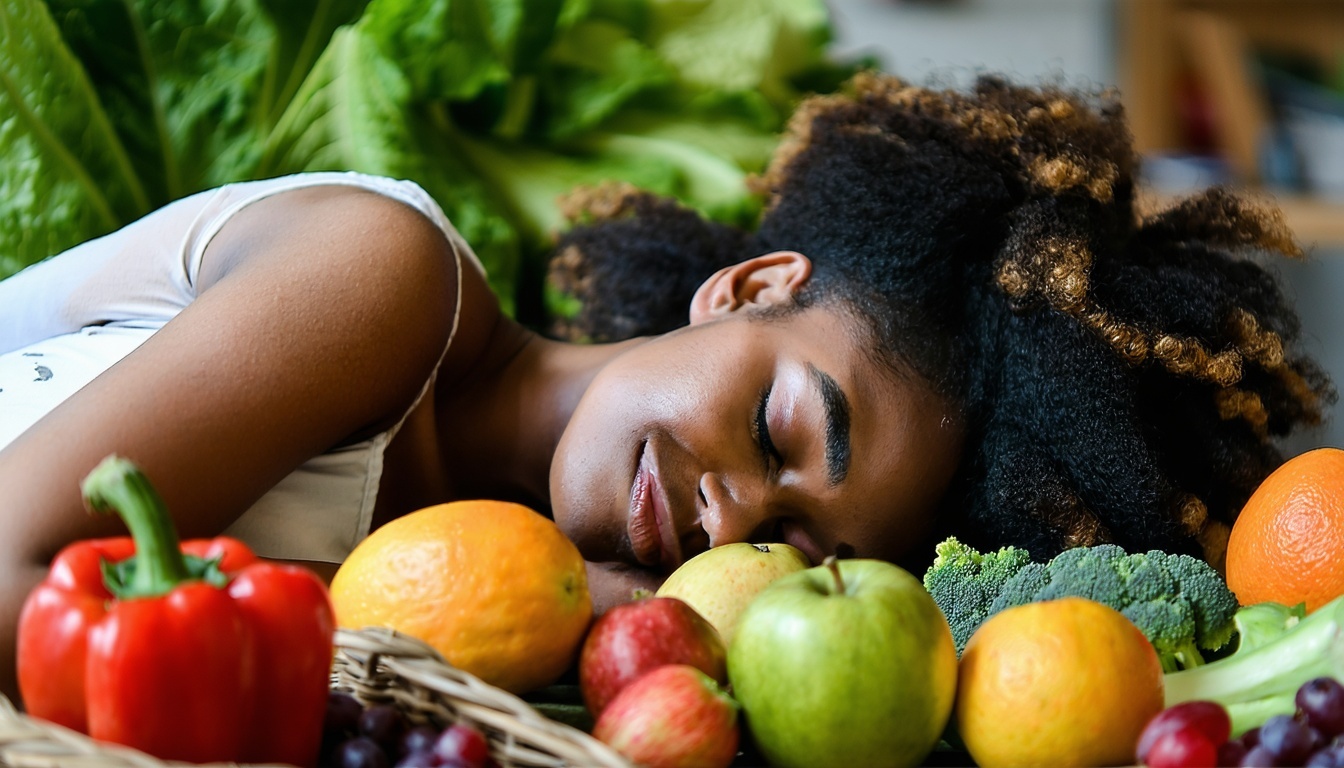 A person peacefully sleeping, surrounded by fruits