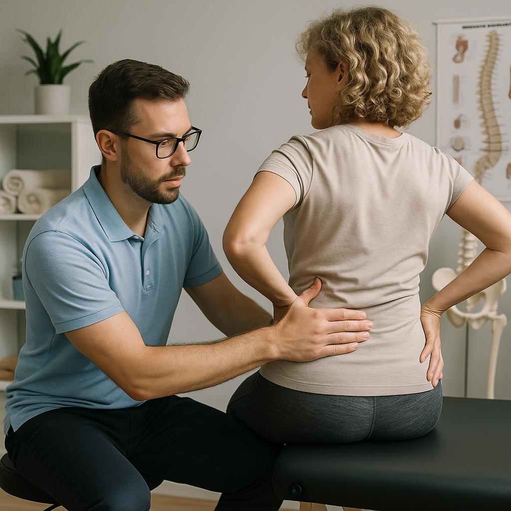 A physical therapist assessing a patients lumbar