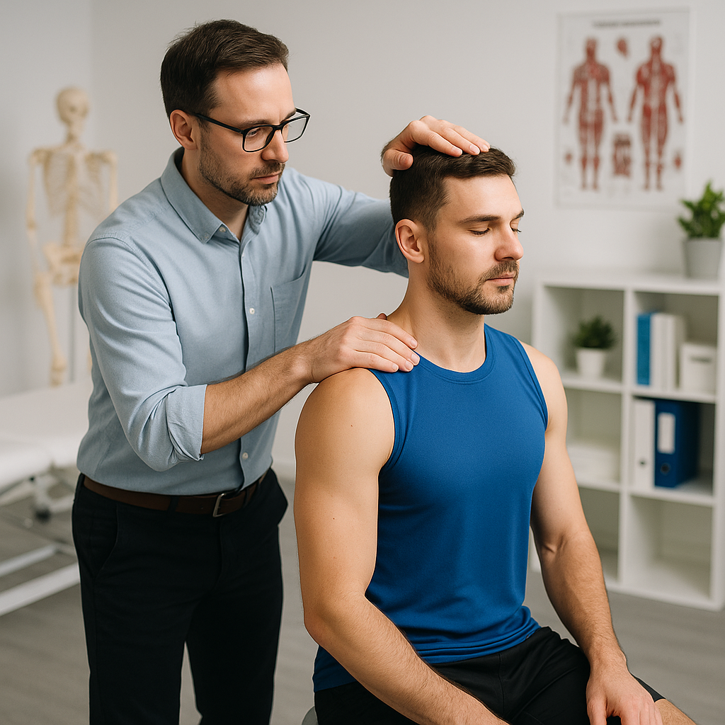 A physical therapist performing a vertical compres