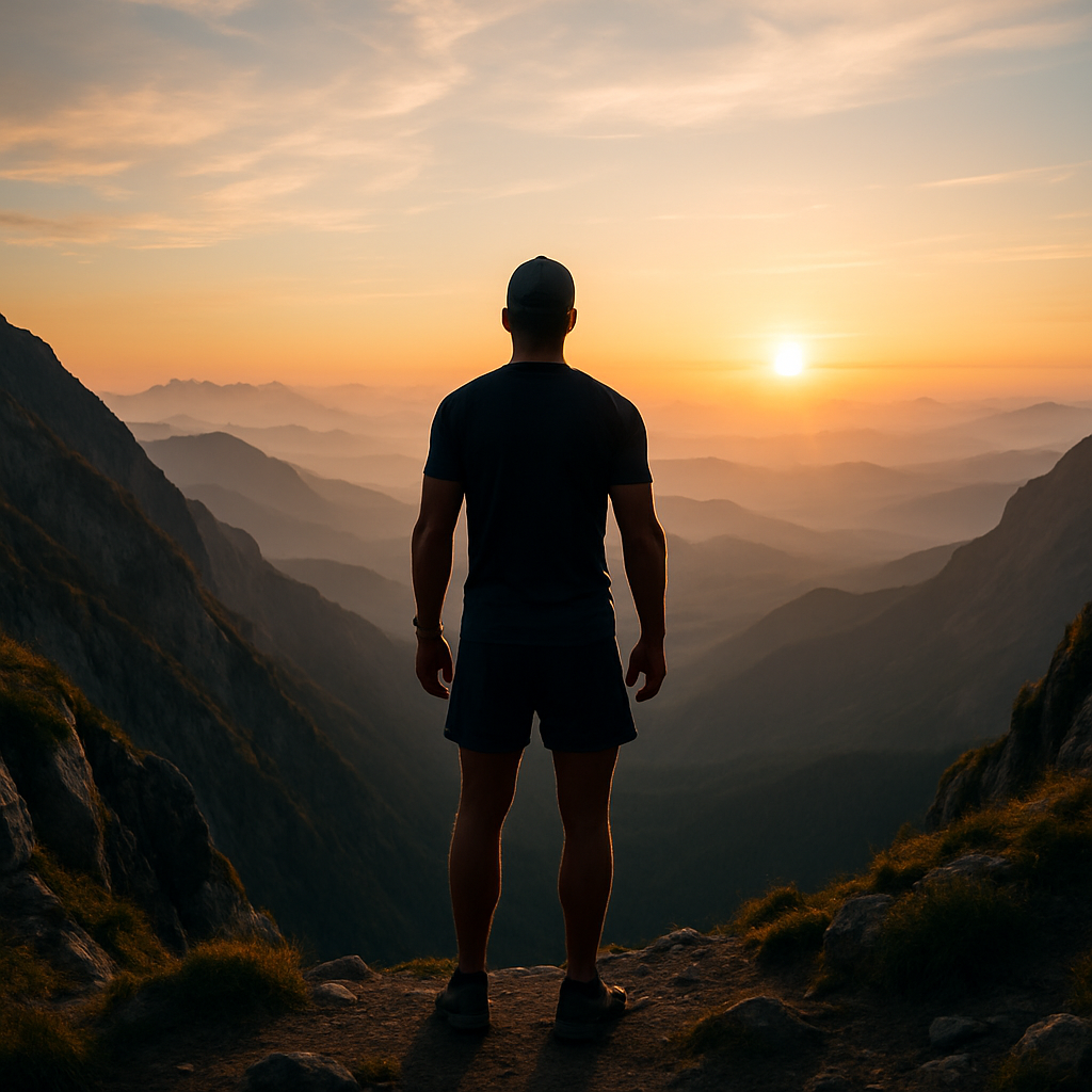 An athlete standing at the edge of a mountain vist