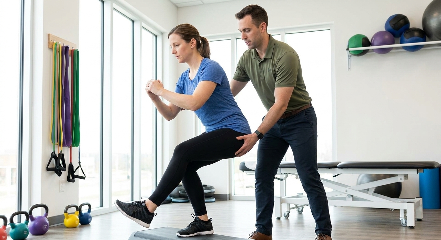 Patient working with a provider at a manual therapy physical therapy clinic in Mountain View, CA during a lower extremity rehabilitation session