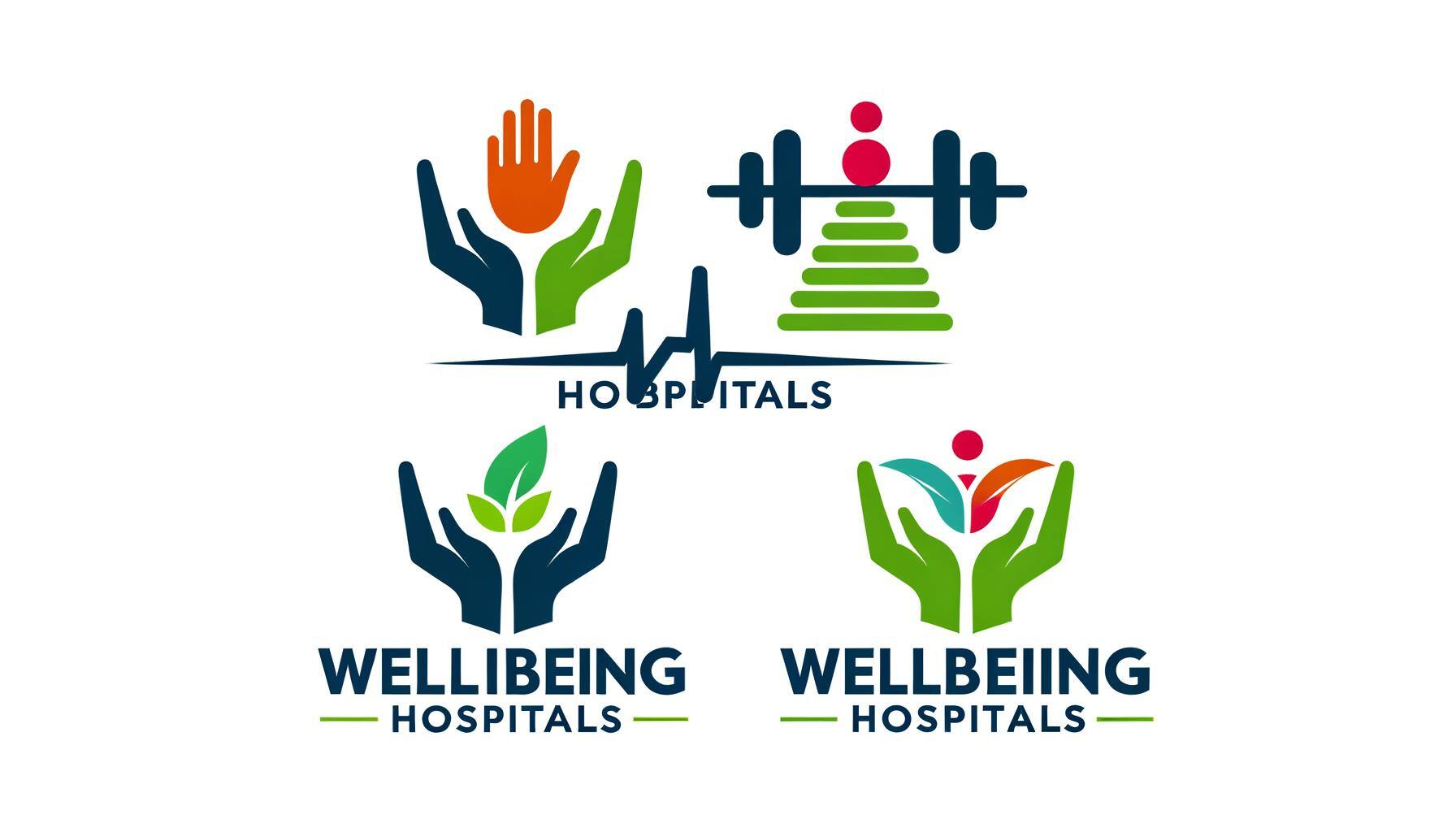 Logo for a healthcare facility named 'Wellbeing Hospitals', symbolizing the nurturing and caring nature of their services. It is harmoniously united with imagery representing our rehabilitation coaching program, such as symbolic elements like uplifting hands, barbells or progress graphs. The overall design is according to modern logo aesthetics, maintaining a balance of professionalism, compassion and growth, with pleasing colors complementing each concept.