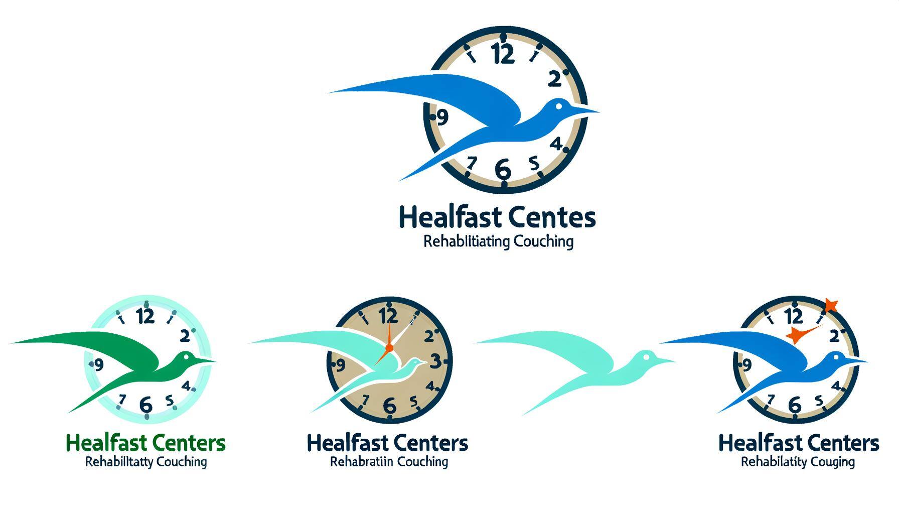 Create a professional logo for a rehabilitation coaching service called 'HealFast Centers'. The design should incorporate symbols of improvement and quick recoveries like a swift bird or a clock with wings. The colors should communicate tranquility and healing, such as soft blues and greens. The design should also include wording endorsing the rehab coaching services provided by HealFast Centers.